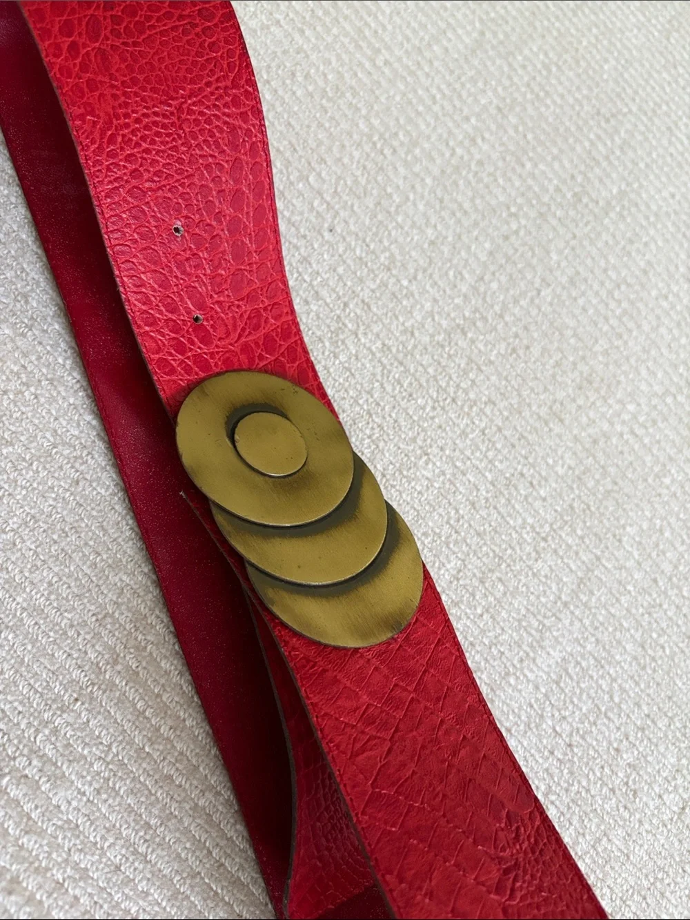 Bold Red Leather Croc Design Waist Belt with Antique Gold Triple Disc Buckle